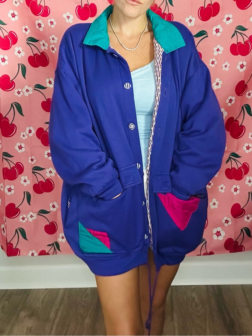 Vintage Royal Blue Bomber Jacket with Teal & Magenta Accents
